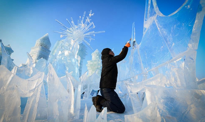 Sculptors take part in 9th China Harbin International Ice-Assemblage Championship